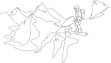 Continuous one line drawing downhill on a snowboard. Snowboarder in the mountains. Mountain landscape. Extreme.  One continuous line isolated minimal illustration.