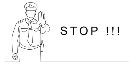 one continuous line drawing of police with stop gesture.one line drawing of police with stop gesture in hand.single line vector illustration of police stopping vehicle.isolated white background