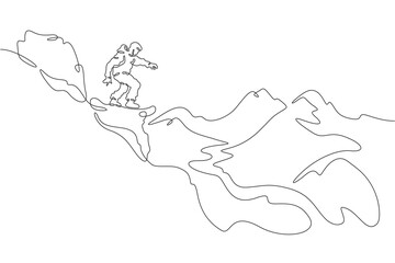 Continuous one line drawing downhill on a snowboard. Snowboarder in the mountains. Mountain landscape. Extreme.  One continuous line isolated minimal illustration.