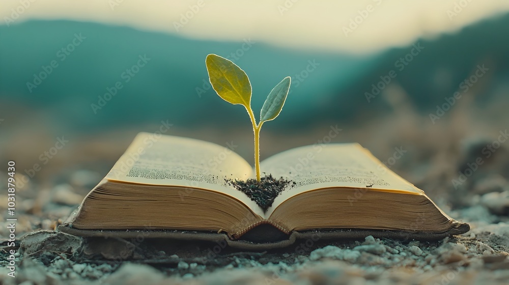 Poster a sprout or seedling emerging from the pages of an open book representing the concept of knowledge a