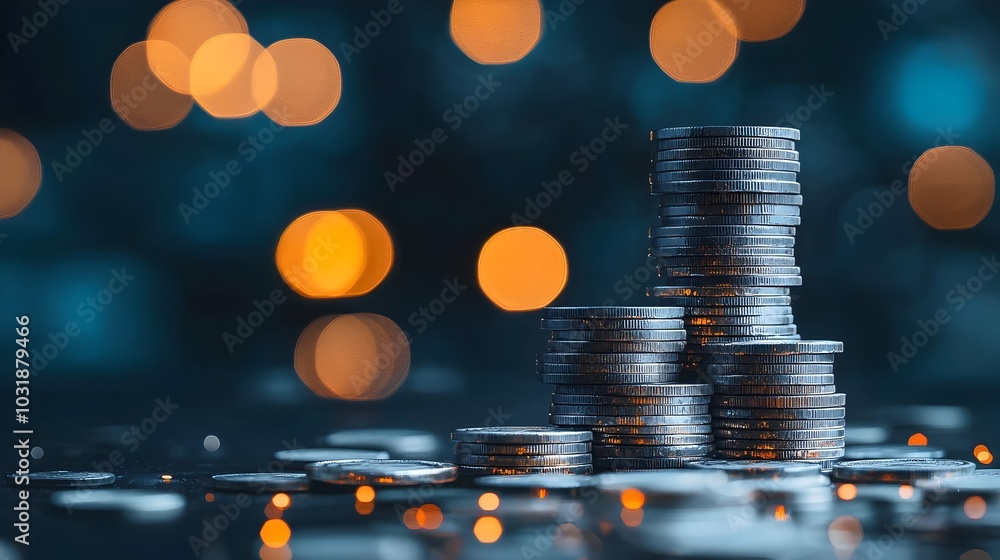 Poster A staircase of stacked golden coins representing the path to financial growth wealth and prosperity  The image symbolizes the concept of steady progress increasing earnings