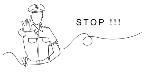 one continuous line drawing of police with stop gesture.one line drawing of police with stop gesture in hand.single line vector illustration of police stopping vehicle.isolated white background