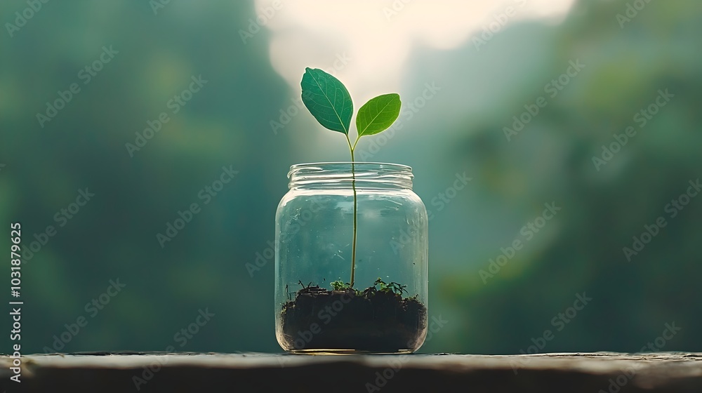 Poster a tiny sapling or seedling growing inside a transparent glass jar symbolizing the fragile yet resili