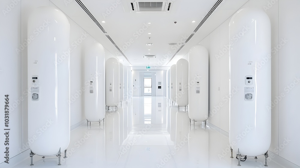 Poster a view of a commercial building s utility room showcasing a row of water tanks neatly arranged and i