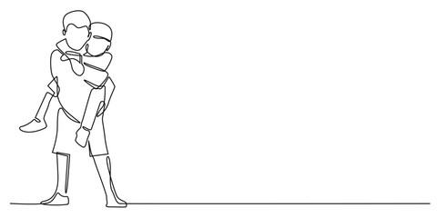 one continuous line drawing of brother holding sister.one line drawing of brotherhood.single line of brother and sister.one line vector illustration.isolated white background