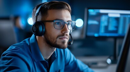 Focused male phone operator in a call center, wearing a headset, glasses, and a blue shirt, with a computer screen in the background.