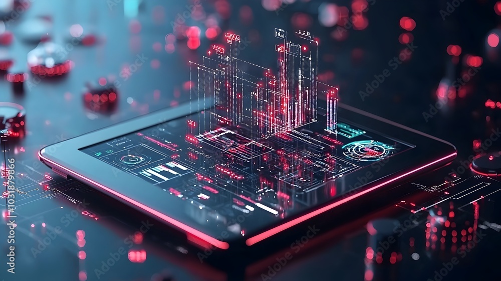 Poster Abstract 3D charts and graphs dynamically emerging from a digital tablet screen representing data visualization business analytics and technological innovation on a dark minimalist surface