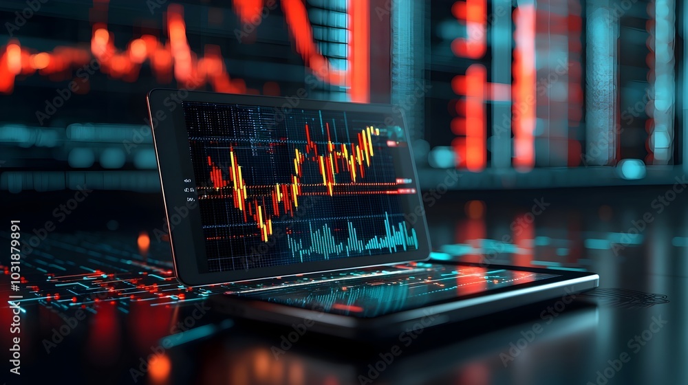 Leinwandbilder Abstract 3D charts and graphs emerging from a tablet device on a dark minimalist surface representing digital data visualization business analytics and modern technology solutions