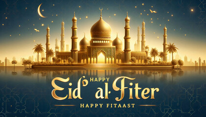 A beautiful golden mosque under a crescent moon, symbolizing the Eid al-Fitr celebration. The serene night sky is dotted with stars, reflecting a joyous atmosphere