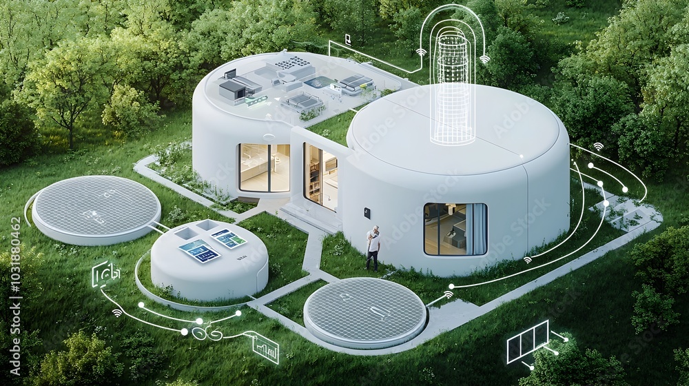 Fototapete Advanced smart water tank system equipped with connected IoT sensors and a centralized monitoring app to optimize water management improve efficiency and promote environmental sustainability
