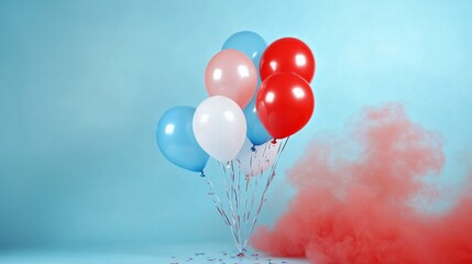 Gender reveal party backdrop featuring pastel blue and red balloons with red smoke, perfect for announcing the arrival of a new baby.
