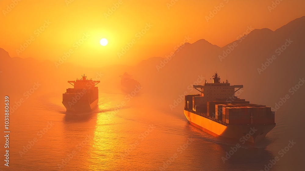Aufkleber aerial panoramic view of multiple cargo ships and vessels navigating through a busy maritime trade r