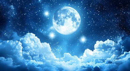 Nighttime moon with stars and clouds, beautiful moon with stars at night