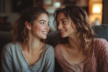 Fototapeta premium Mother sitting with teenage daughter, mom and teen girl talking and connecting. Healthy parent-teen relationships, Generative AI