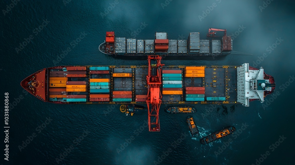 Poster aerial perspective showcasing the dynamic at a thriving transshipment hub with cargo containers bein