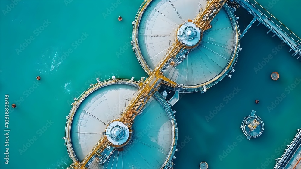 Poster aerial perspective showcasing the intricate design and infrastructure of a wastewater treatment plan