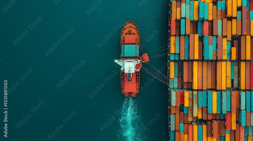 Poster Aerial view of a busy transshipment hub with containers being efficiently transferred between ships cranes and shore facilities