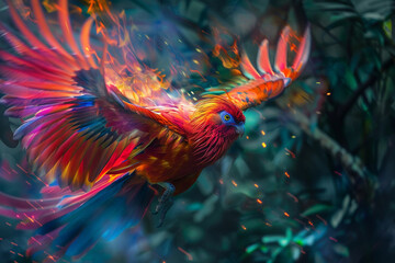 Fantastically beautiful mythological bird phoenix from bright fire