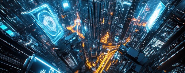 Obraz premium Futuristic Neon Cityscape with Skyscrapers and Digital Billboards at Night