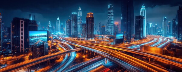 Vibrant Night Cityscape with Illuminated Skyscrapers and Busy Highway Traffic Flow