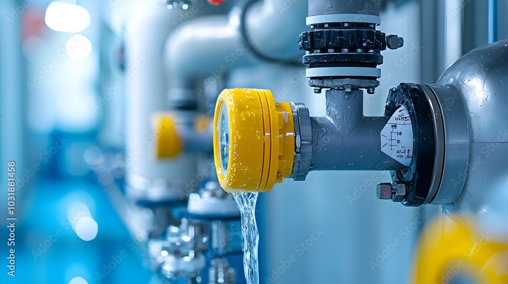 Poster an automated industrial pump and valve system controlling the flow of water from a tank the system u