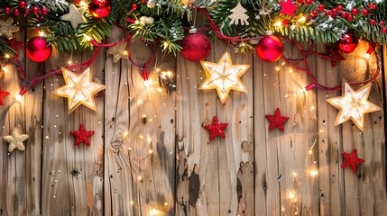 An arrangment of Christmas decoration on wooden background