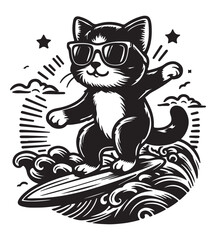Cat surfing silhouette vector illustrations