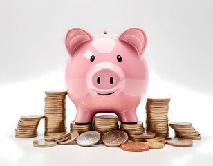 A pink piggy bank beside stacks of shiny coins, showcasing concept savings and financial planning