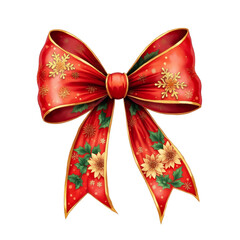A vibrant red bow decorated with gold snowflakes and floral motifs captures the essence of Christmas cheer, perfect for festive decorations and gift wrapping.