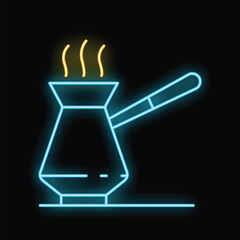 Glowing blue neon sign of a cezve brewing traditional turkish coffee