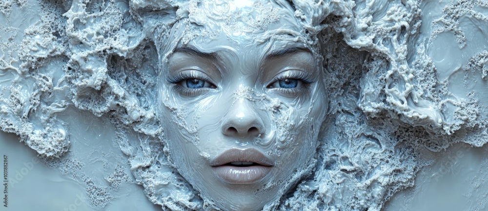 Poster the illustration below is a 3d rendering of an abstract surreal portrait