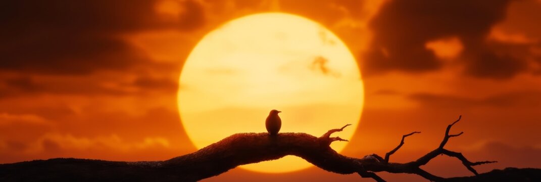  A bird perches on a tree branch before a vast orange sunball in the sky