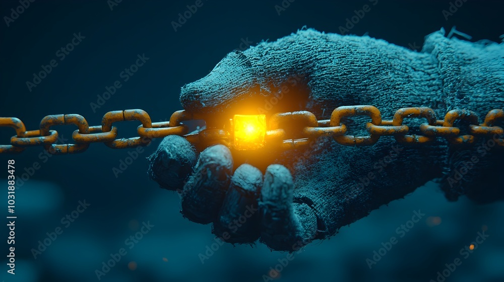 Poster broken chain with one glowing link symbolizing the power of hope and resilience to overcome constrai