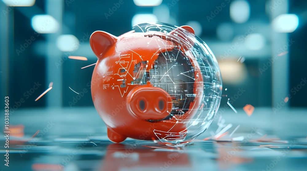 Poster broken open piggy bank releasing digital data streams concept of financial technology disruption and