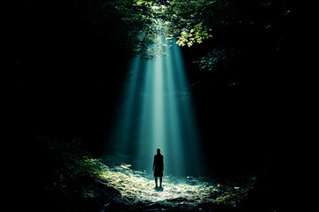 Obraz premium Silhouette of person standing in spotlight of sun rays in dark forest, symbolizing solitude, mystery, and connection with nature. Perfect for themes of isolation, introspection, and nature