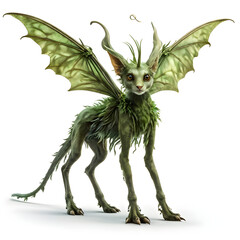 Obraz premium A fabulous mythical character in the form of a winged green elf with large pointed ears on a white background