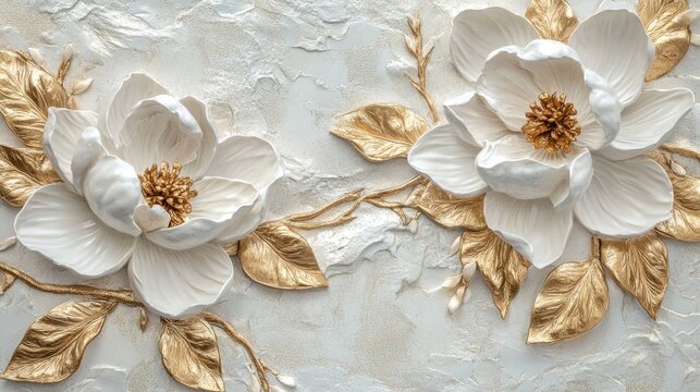 Luxury wall design bas-relief with stucco moldings. Branch with golden leaves. Plant element. Illustration for an invitation, a postcard, an interior design or decor project.