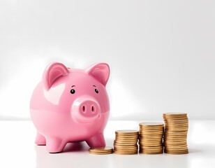 A pink piggy bank beside stacks of shiny coins, showcasing concept savings and financial planning