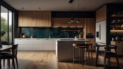 Modern kitchen with white cabinets, wooden countertop, and a large island.