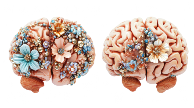Colorful Flowered Human Brains on Transparent Background Generative AI