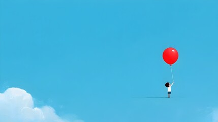 Obraz premium Carefree Child Releasing a Bright Red Balloon into the Clear Blue Sky with Fluffy White Clouds on a Sunny Calm Day Outdoors Concept of and Hope