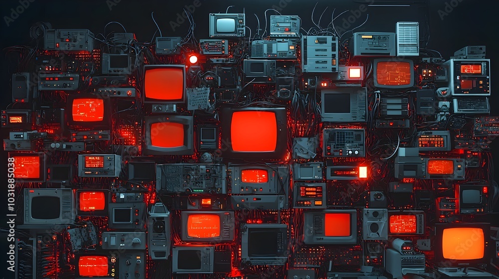 Poster chaotic server room with flashing red lights unplugged cables and other technical issues disrupting 