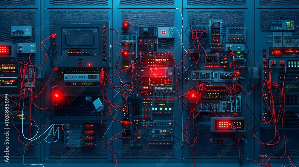 Aufkleber Chaotic Server Room with Unplugged Cables and Flashing Red Lights Indicating Critical IT Infrastructure Failure and System Breakdown Requiring Urgent Maintenance and Repair