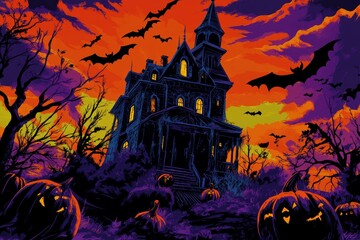 The scene of an eerie haunted house and pumpkins lends a spooky atmosphere to Halloween.