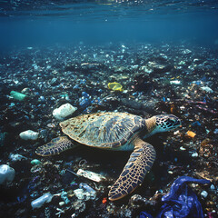 Fototapeta premium Sea turtle swimming in polluted ocean waters, surrounded by plastic waste, marine life struggling in contaminated environment, ocean pollution awareness, save the ocean movement