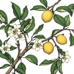 Watercolor Illustration of Lemon Branch with Flowers and Watercolor Elements.