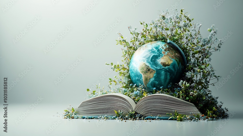Poster clean and modern 3d rendering for world book day showcasing an open book with a vibrant globe and de