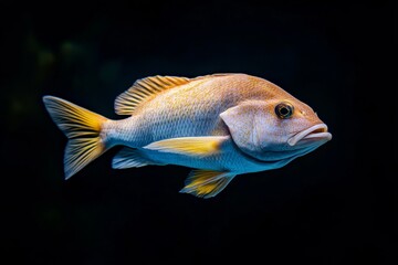 Fototapeta premium the beside view Mutton Snapper, left side view, white copy space on right, Isolated on dark Background