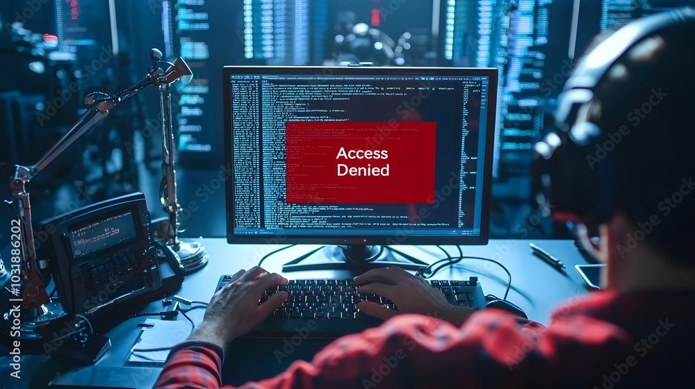 Aufkleber Close up of a hacker s hands on a keyboard with a red  Access Denied  message displayed on the computer screen highlighting the concept of cybersecurity threats and unauthorized access attempts