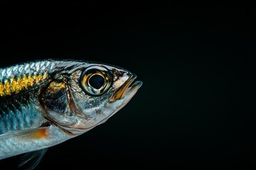 the beside view Pacific Herring, left side view, white copy space on right, Isolated on dark Background